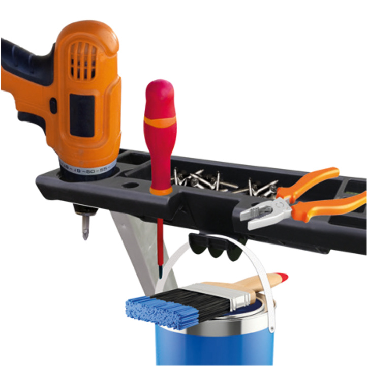 Multi-function tool holder (screw and drill compartments, bucket hook)