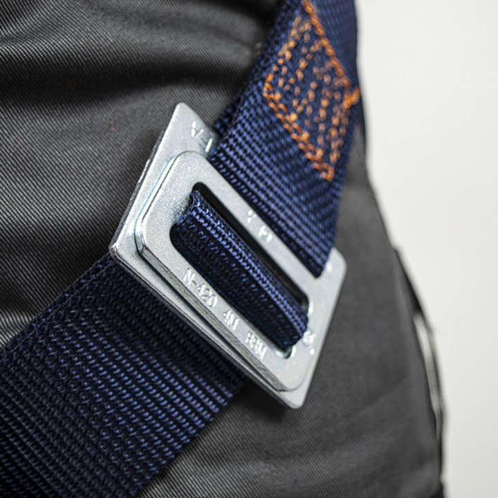 Harness can be adjusted and fastened with 3 male-female metal buckles at the thighs and support belt