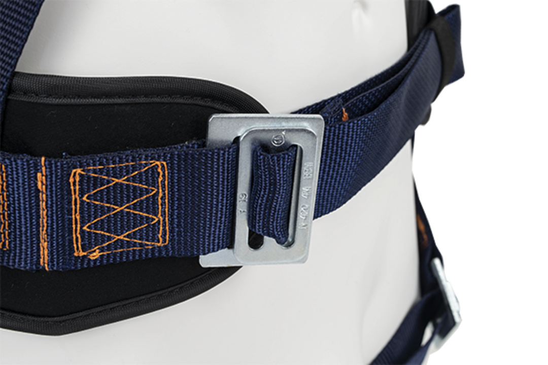 Harness can be adjusted and fastened with 3 male-female metal buckles at the thighs and support belt